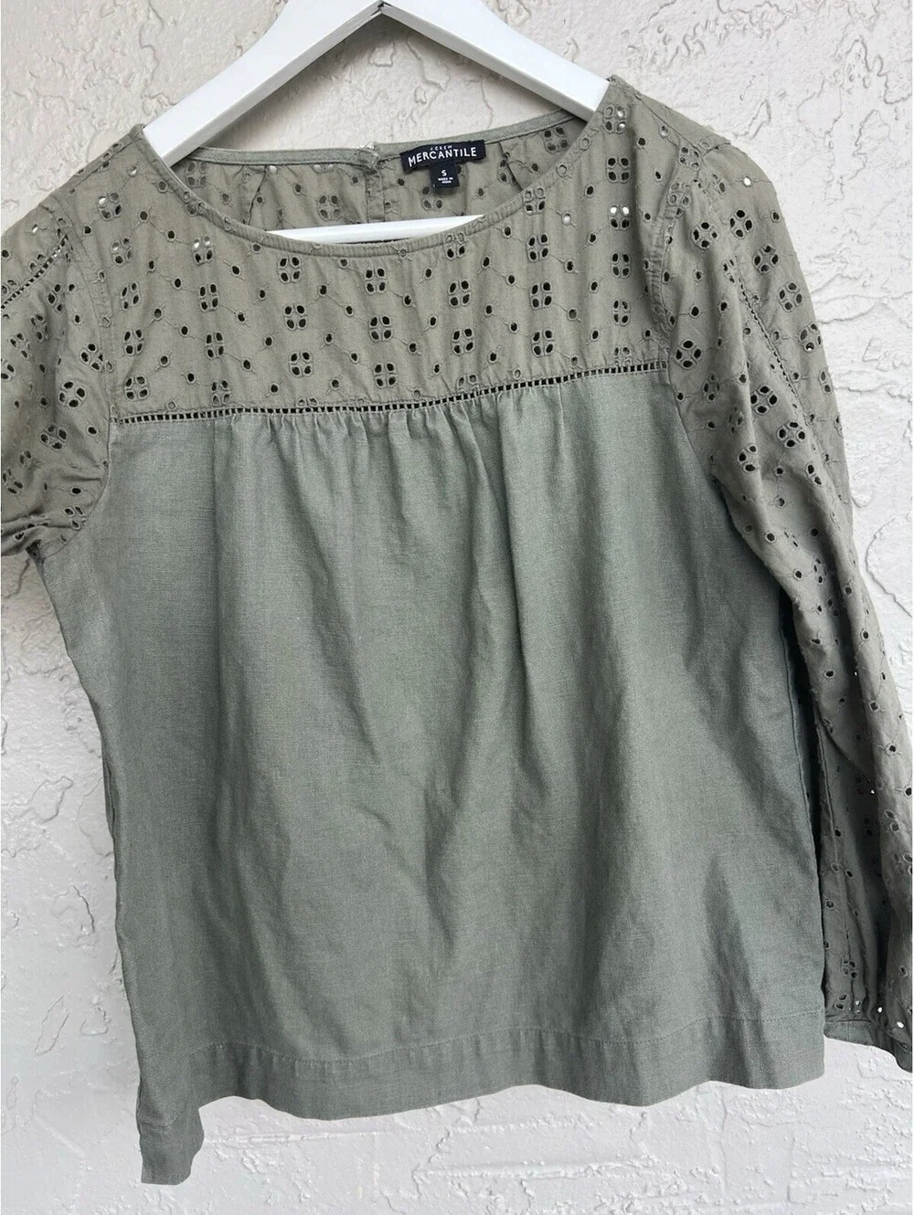 EUC! J.Crew Mercantile Olive Green Line Blend Eyelet Long Sleeves Shirt Women S